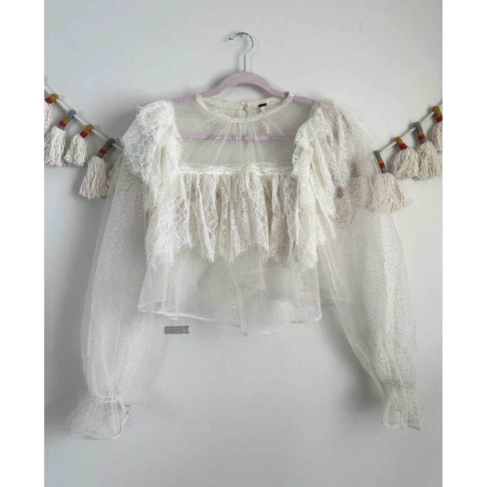 Free People Chloe Swiss Dot Lace Ruffle Sheer White Top Cottage Romantic Dainty